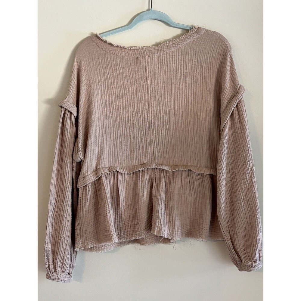 New In Womens L Cotton Gauze Top Blush Pink Boho Tiered Raw Hem Oversized - Picture 2 of 8